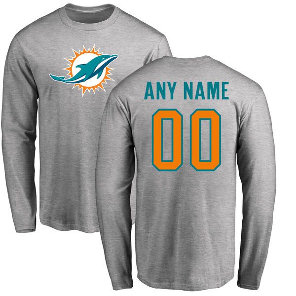 Men Miami Dolphins NFL Pro Line Ash Custom Name and Number Logo Long Sleeve T-Shirt->->Sports Accessory